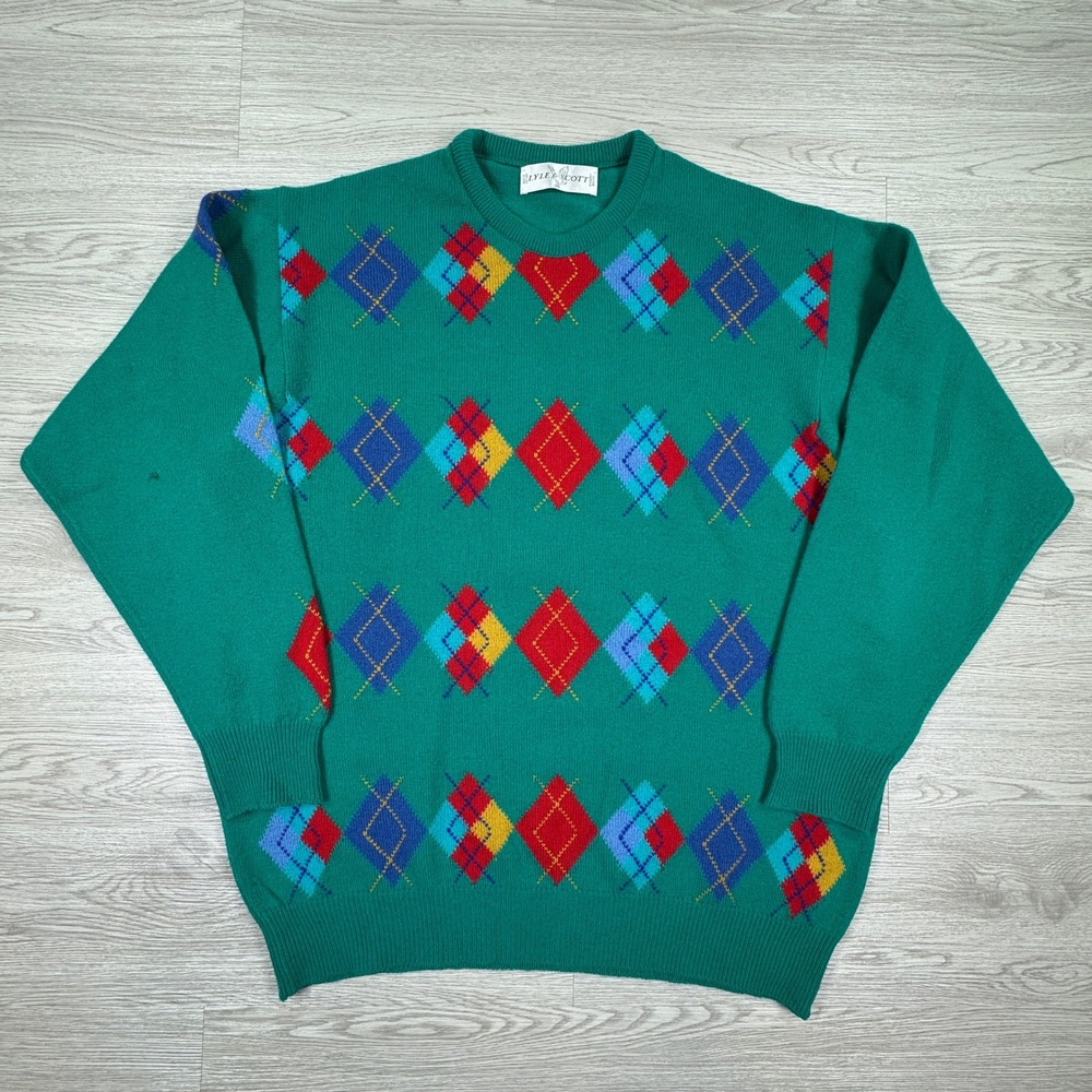 Lyle & Scott Mens Sweater Argyle Lambswool Vintage Green Large Long Sleeve